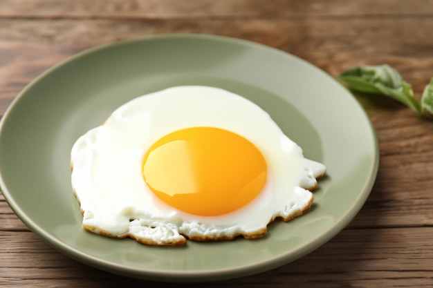 Bord met zonnige kant naar boven gebakken ei op houten tafel