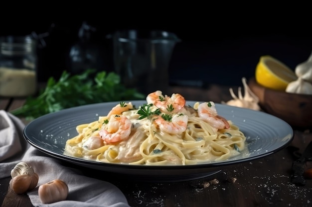 Bord pasta met garnalen in romige alfredosaus