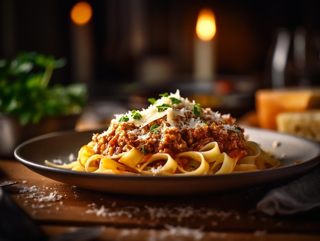 Bord pasta met saus en kaas