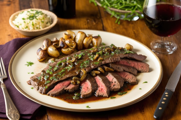 Bord sappige zijsteak geserveerd met gebakken champignons en rode wijnsaus