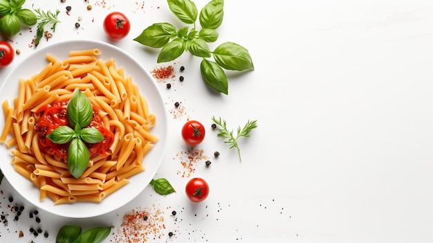 Bord smakelijke pasta met tomatensaus en basilicum op witte tafel met kopieerruimte