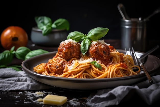 Bord spaghetti en gehaktballetjes met basilicum en parmezaanse kaas