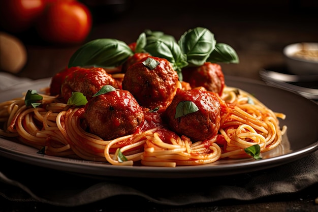 Bord spaghetti met gehaktballensaus gemaakt met generatieve ai