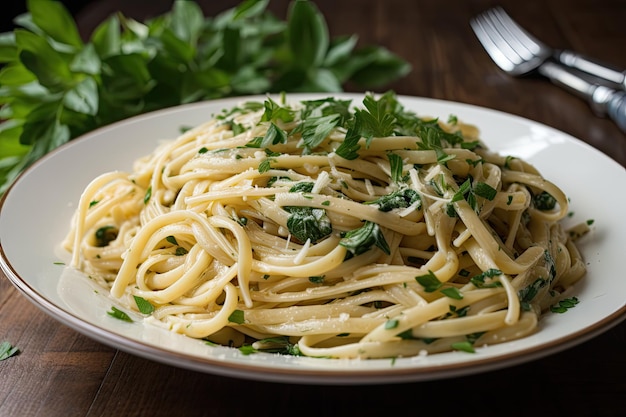 Bord vers gemaakte linguine gegooid met verse kruiden en knoflook