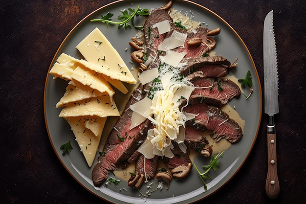 Bord zijsteak met champignons en Parmezaanse kaas