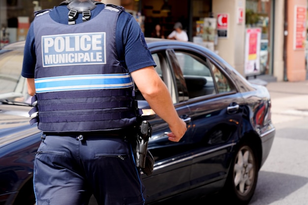 Bordeaux Aquitaine France 06 25 2022 policeman text sign walking man French national police in city street