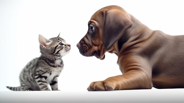 Bordeaux puppy dog playing with bengal kitten isolated