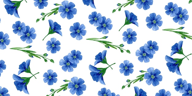 Border banner van blauwe vlas bloemen met kopie ruimte Aquarel hand getekende illustratie op witte achtergrond Gezonde voeding dieet en cosmetische producten Sjabloon voor design textiel afdrukken verpakking