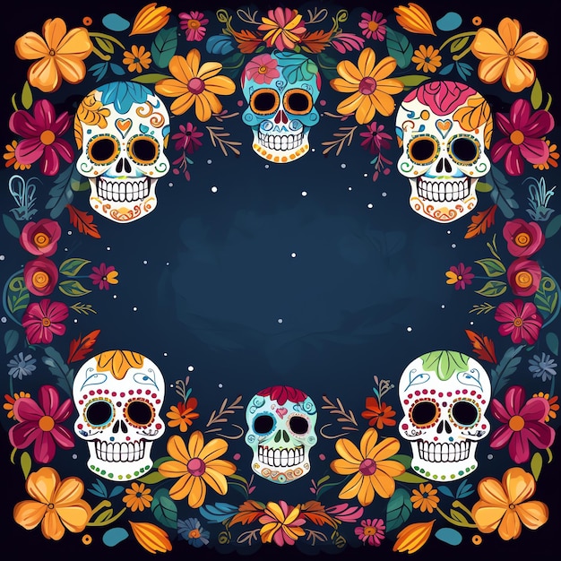 border blank center colorful sugar skulls mexican dia de muertos day of the dead watercolor