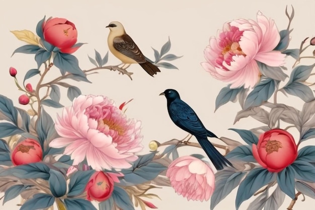 Photo border in chinoiserie style with peonies and birds vector interior print1