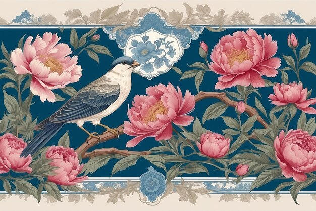 Photo border in chinoiserie style with peonies and birds vector interior print1