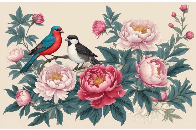 Border in chinoiserie style with peonies and birds Vector interior print1