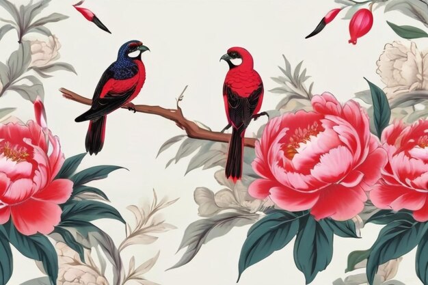 Photo border in chinoiserie style with peonies and birds vector interior print1