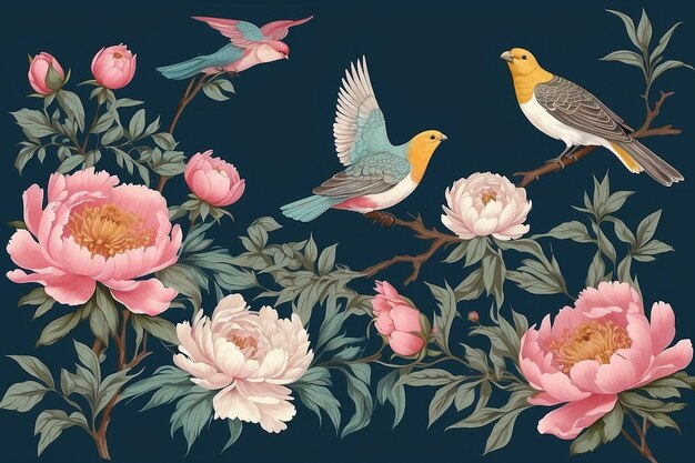 Photo border in chinoiserie style with peonies and birds vector interior print1