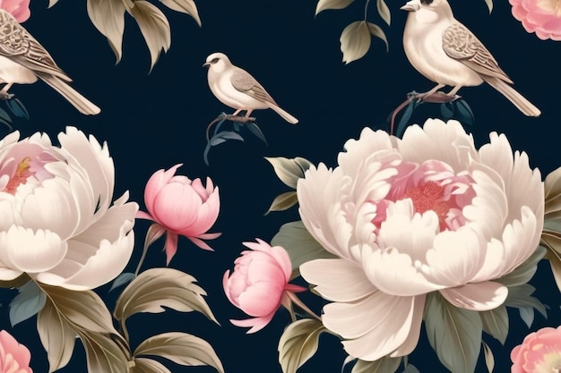 Photo border in chinoiserie style with peonies and birds vector interior print1