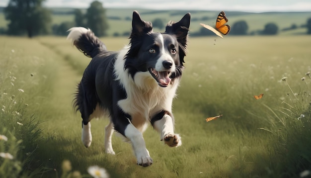 A border collie chasing a butterfly in a vast meadow