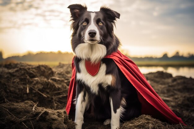 Foto border collie vestito da supereroe al lavoro