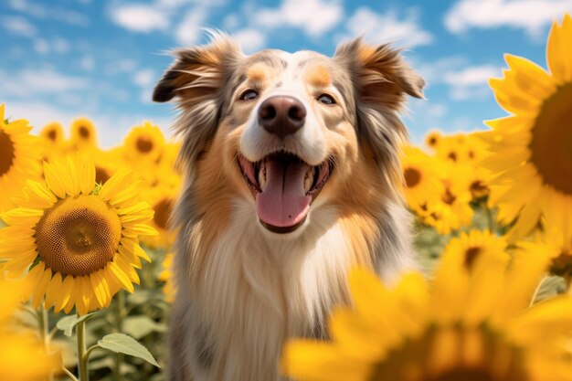 A border collie dog in a field of sunflowers
