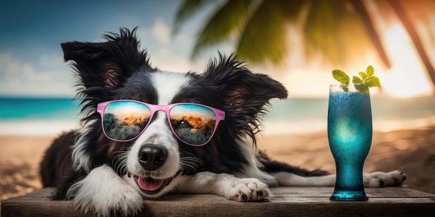 보더 콜리 개는 해변 휴양지에서 여름 휴가를 보내고 하와이의 여름 해변에서 휴식을 취합니다.