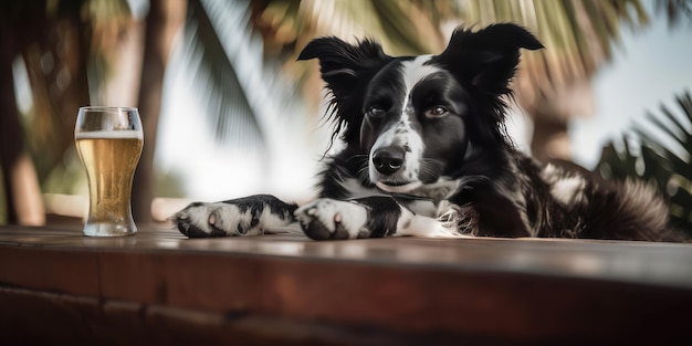 Border Collie dog is on summer vacation at seaside resort and relaxing rest on summer beach of Hawaii