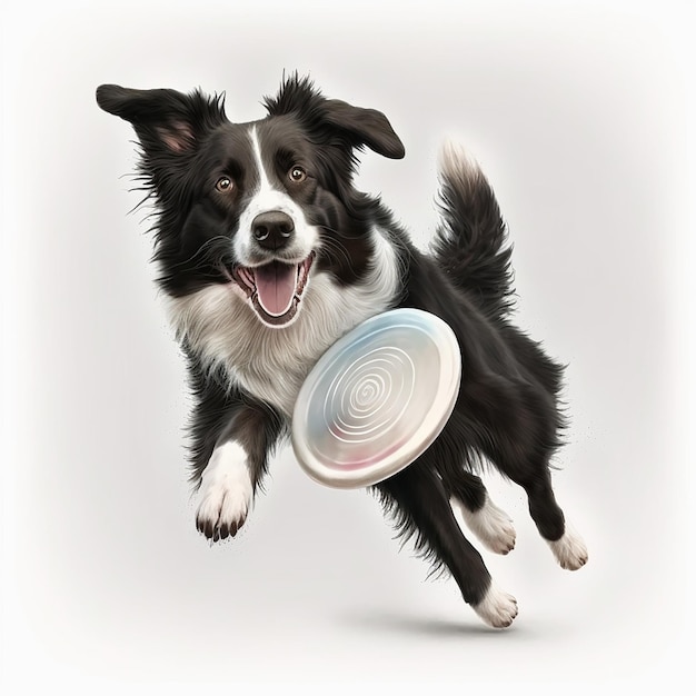 Border collie dog in jump catches frisbee dog plays closeup isolated on white