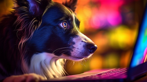 A border collie dog looking at a laptop screen