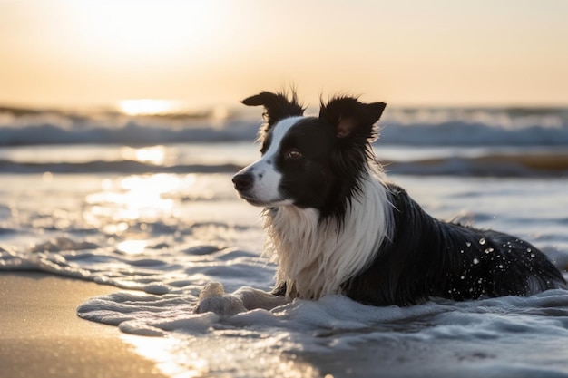 Border Collie dog plays in the beach