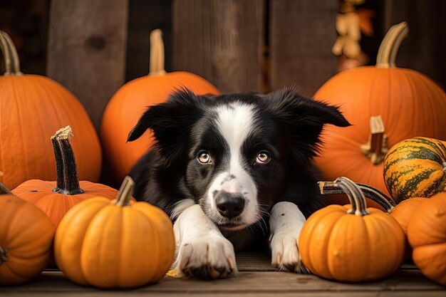 Border collie dog resting head on pumpkin