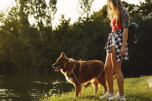 Border collie dog on a walk in park with its female owner