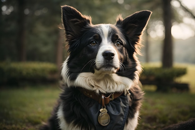 a border collie dog wearing a black collar with a tag on its collar