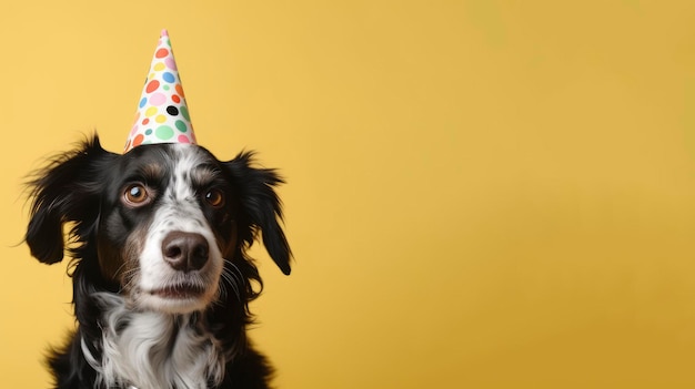 A border collie dog wearing a party hat