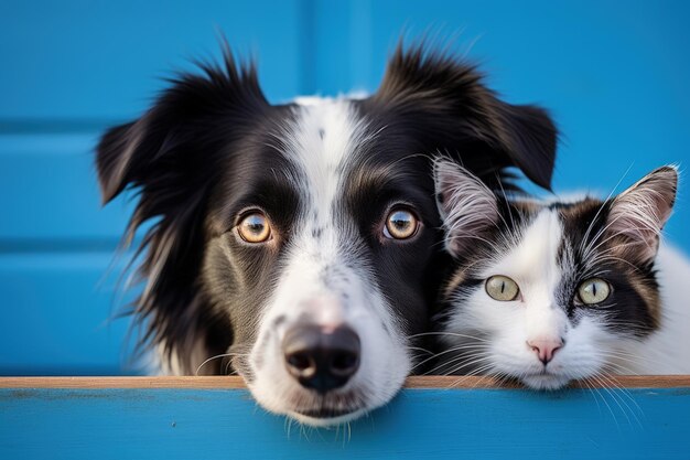 Border collie dog with hidden cat blue background