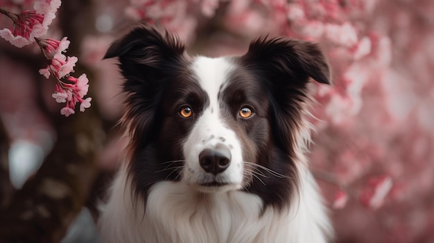 A border collie dog with a pink background