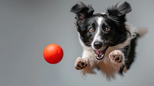 Border collie gevangen in de lucht terwijl hij sprong naar een levendige rode bal in een studio