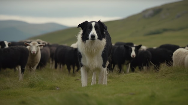 A border collie herding a flock of sheep in the hills