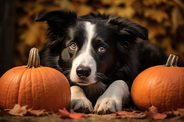 Border collie-hond die hoofd op pompoen rust