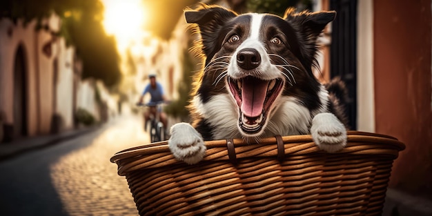 Border Collie-hond heeft een leuke fietstocht op zonnige ochtend in de zomer op straat in de stad