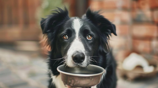 Border collie hond houdt een kom in zijn mond en kijkt naar de camera Leegte ruimte voor tekst