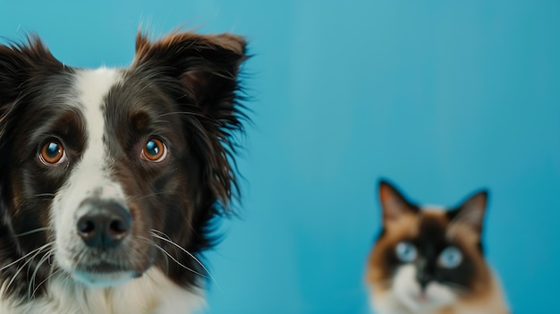 Border collie hond portret met een verborgen kat achter voor een blauwe achtergrond Generatieve AI