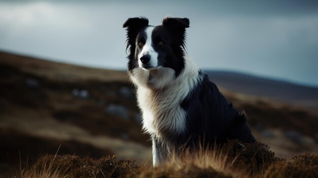 Foto border collie il suo mantello contrasta brillantemente con uno sfondo naturale