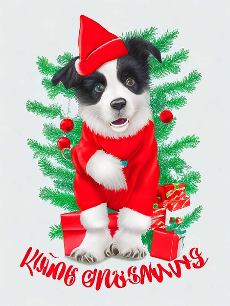 A border collie puppy wearing a red Christmas hat sitting next to a Christmas tree made of little p