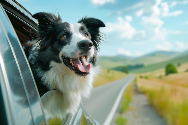 Border Collie sticking his head out of a car window on the road