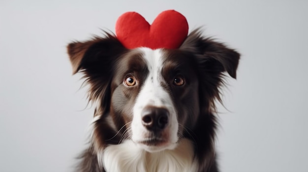 Foto un border collie con un cuore rosso in testa