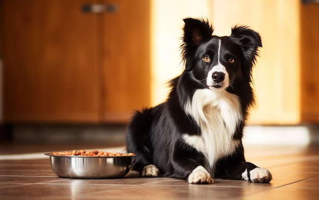 Border collie zit naast een kom vol voedzaam hondenvoer