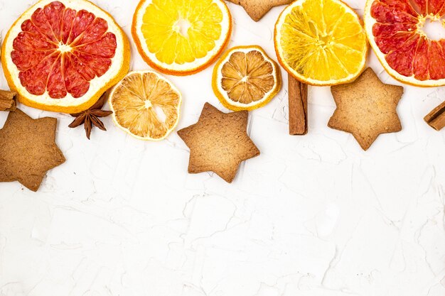 Border of Dried slices of various citrus fruits and spices