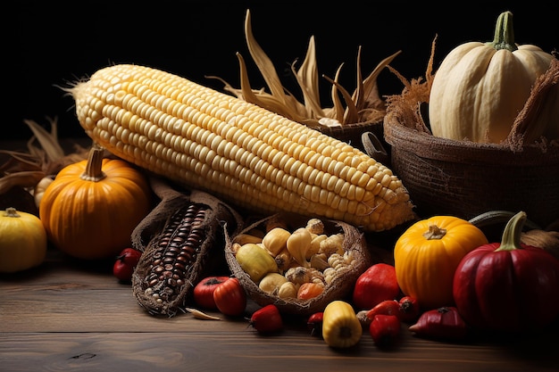 A border of fall decorations with pumpkins corn and fall leaves for thanksgiving with copy space