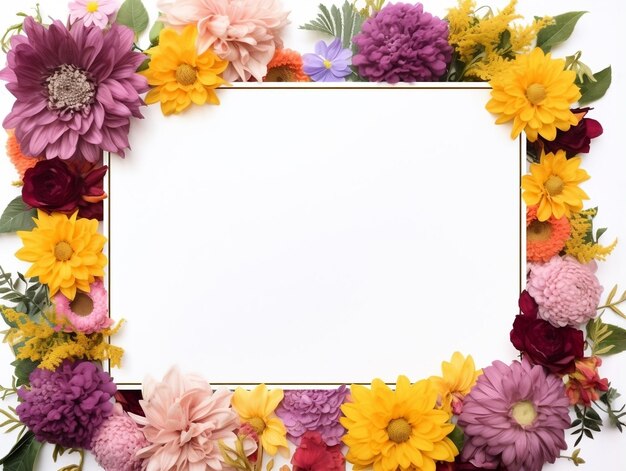 Photo border of flowers on white background with blank white text space