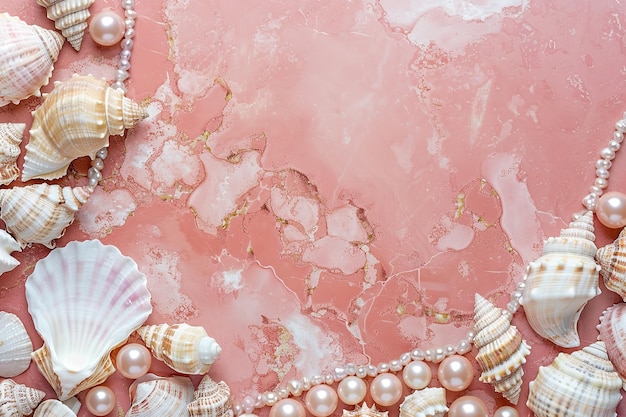 写真 ボーダーフレームのテンプレート - 美しい貝と真珠 - ピンクの大理石の背景 - コピースペースのトップビュー