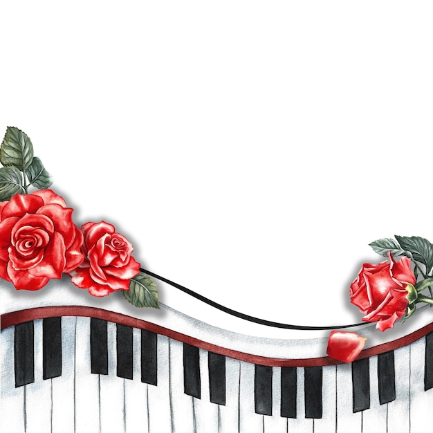 バラで飾られた音楽ピアノの鍵盤の枠線 水彩イラストは手描きです