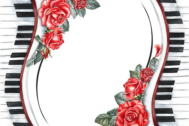Border frame with musical piano keys decorated with roses The watercolor illustration is hand drawn